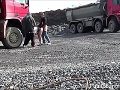 Cute young teen girl PUBLIC gang bang threesome at a construction site