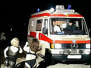 Horny midget sluts swell up guy's requisites upon an ambulance