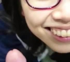 Cute chinese glasses girl bj alongside toliet